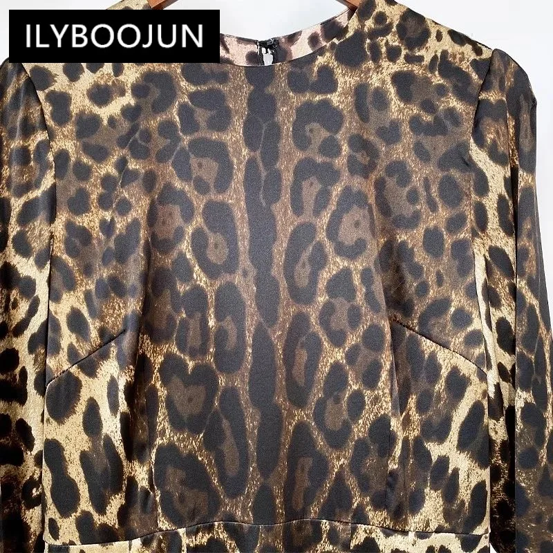 ILYBOOJUN Fashion Designer Early Autumn Silk Pencil Dress Women O-Neck Long Sleeve Leopard Print Vintage Party Slim Dresses