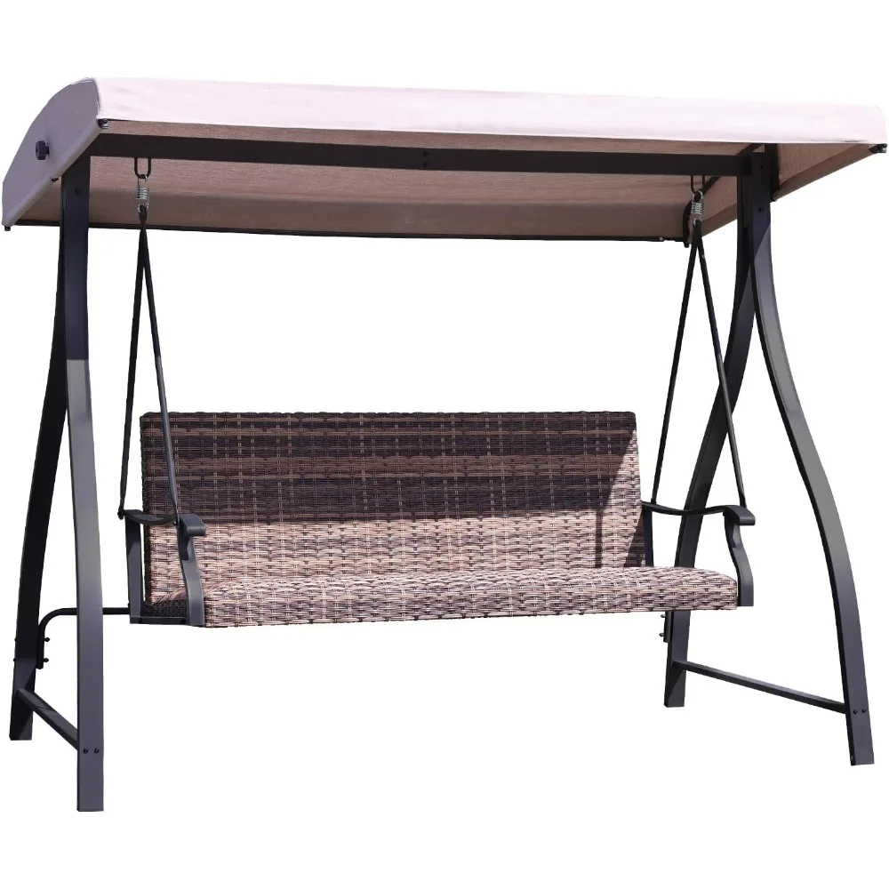 

3-Seat Outdoor Porch Swing, PE Wicker Outdoor Garden Swing with Adjustable Canopy and Quick-Drying Foam Seat for Deck, Backyard