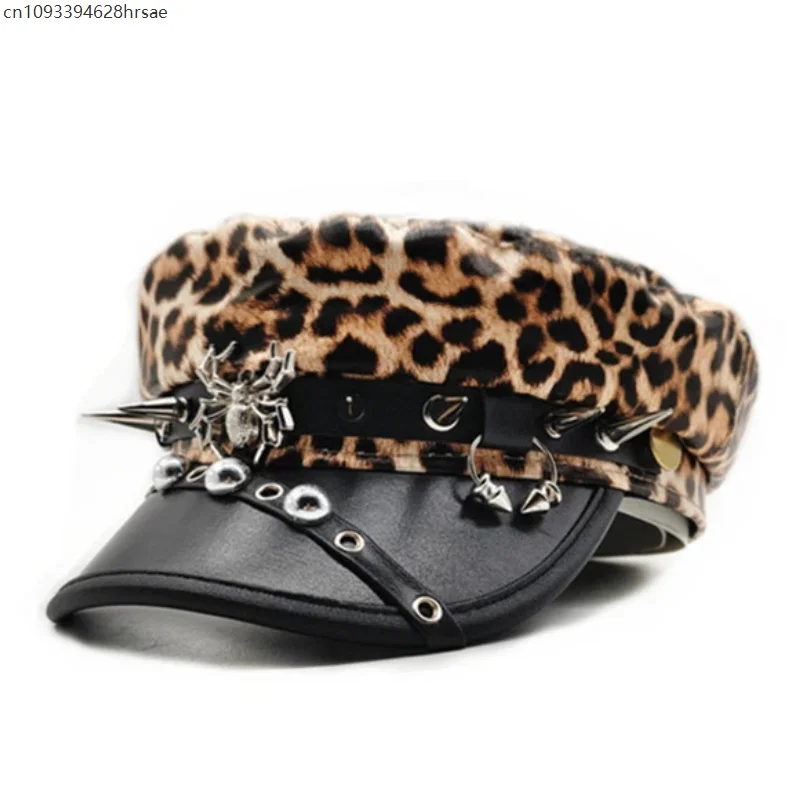 

Multiple Styles Women Trendy Beret Hat Black Brown Flat Top Captain Caps Military Hats Personality Punk Hip-hop Rivet Beret