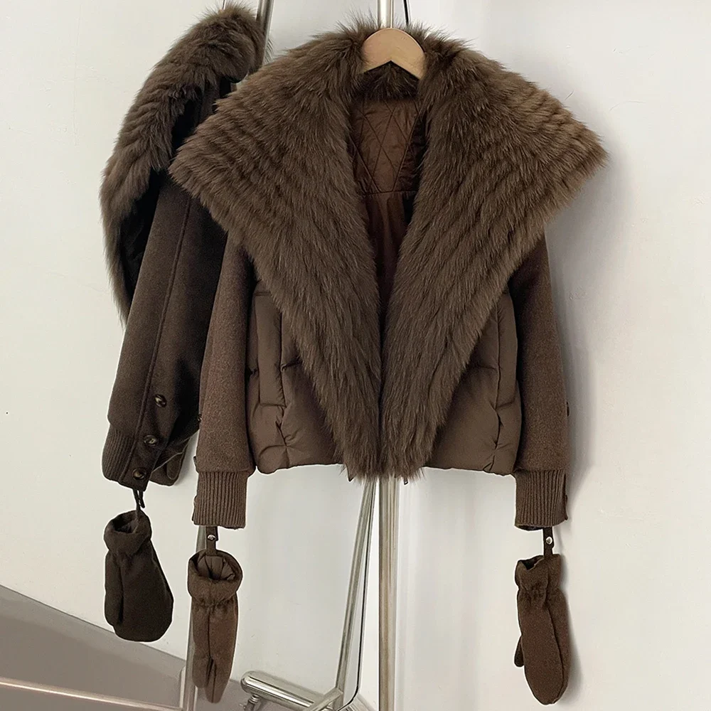 OFTBUY Großer Echter Fuchspelz Kurzer Daunenmantel Neue Winter-Oberbekleidung mit Abnehmbaren Handschuhen Damen Entendaunen Kurze Jacke – Detail 8