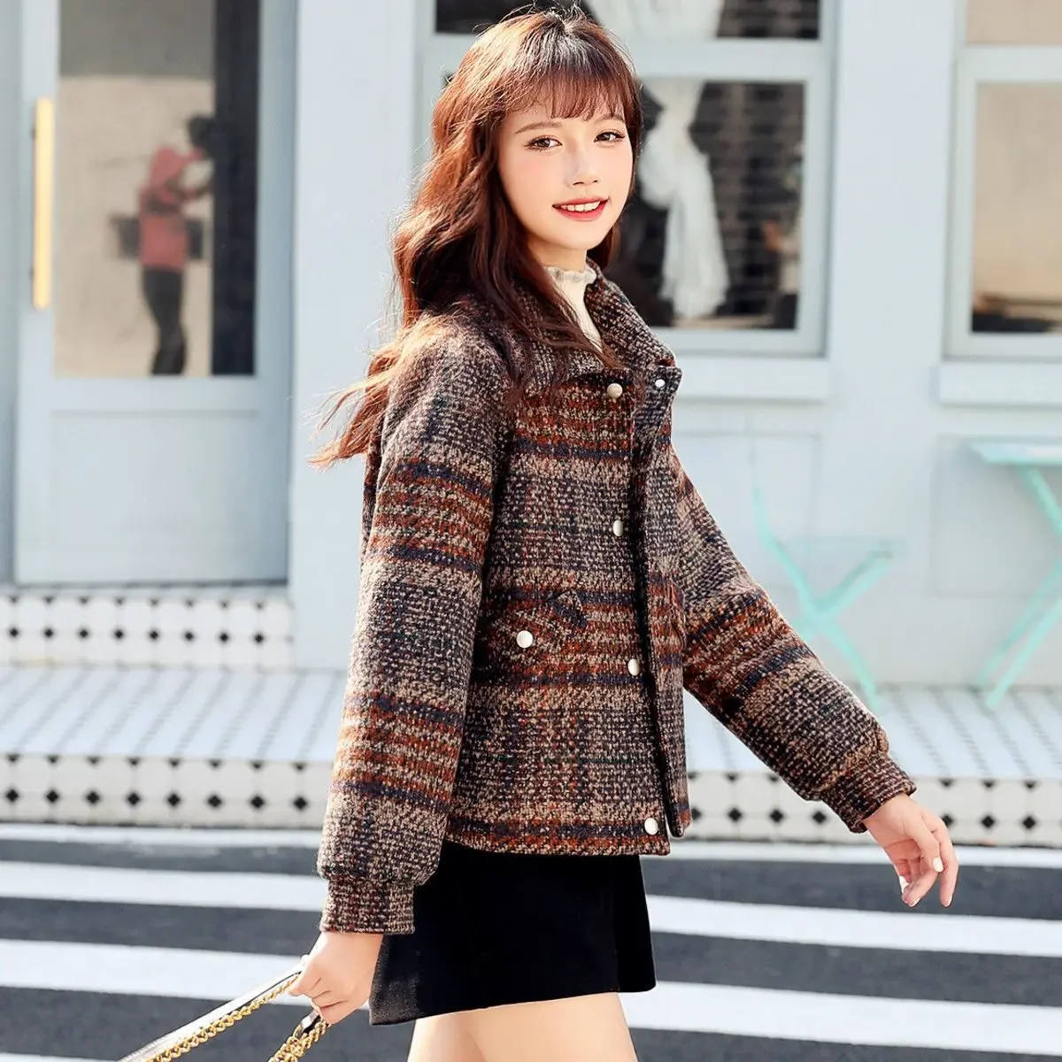 Slim Fit Plaid Mixtures Jacket Woman Winter Clothes 2024 Korean Style Clothing Tweed Wool Blend Coat for Women Fashion Cheap Hot