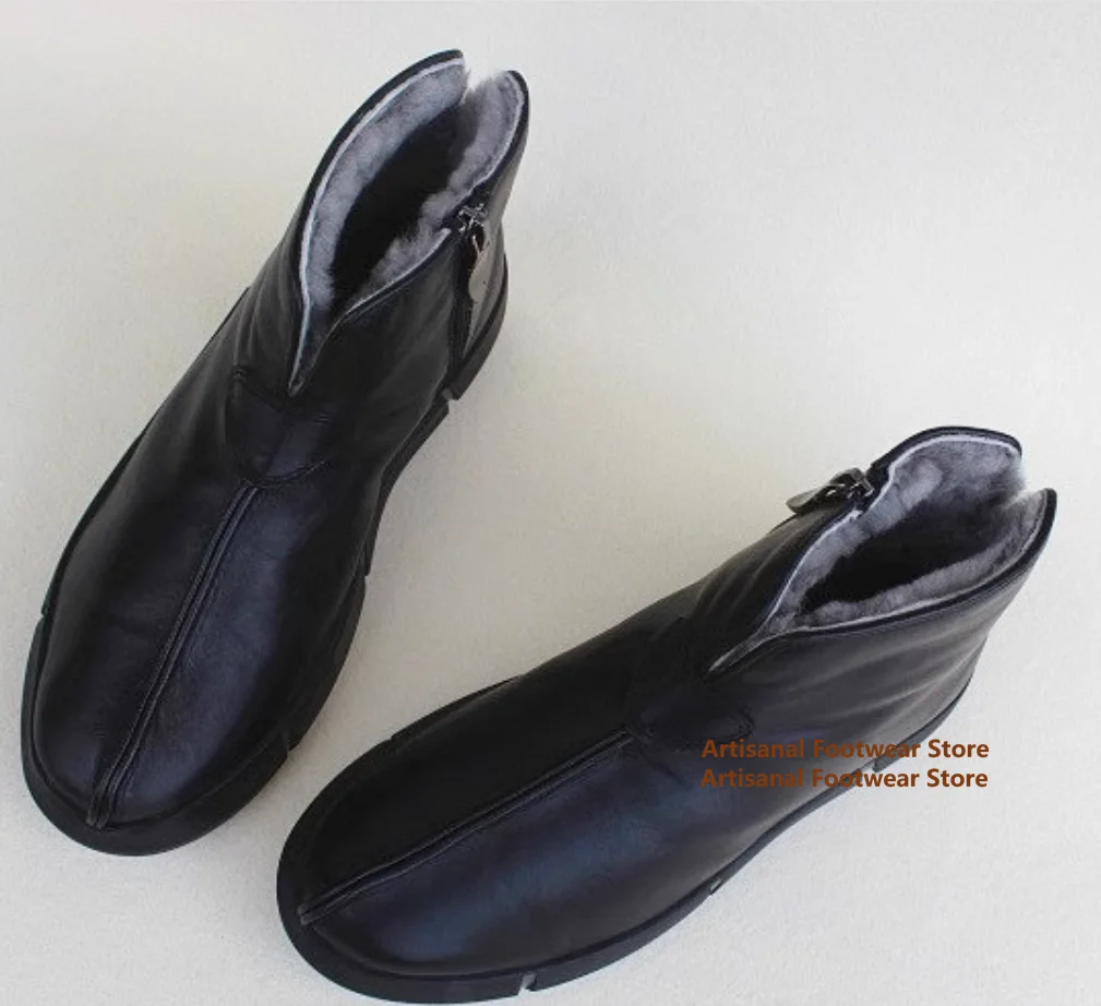 Botas altas para hombre de cuero negro con cremallera lateral de piel de oveja botas cálidas antideslizantes integradas hechas a mano de cuero genuino para hombre
