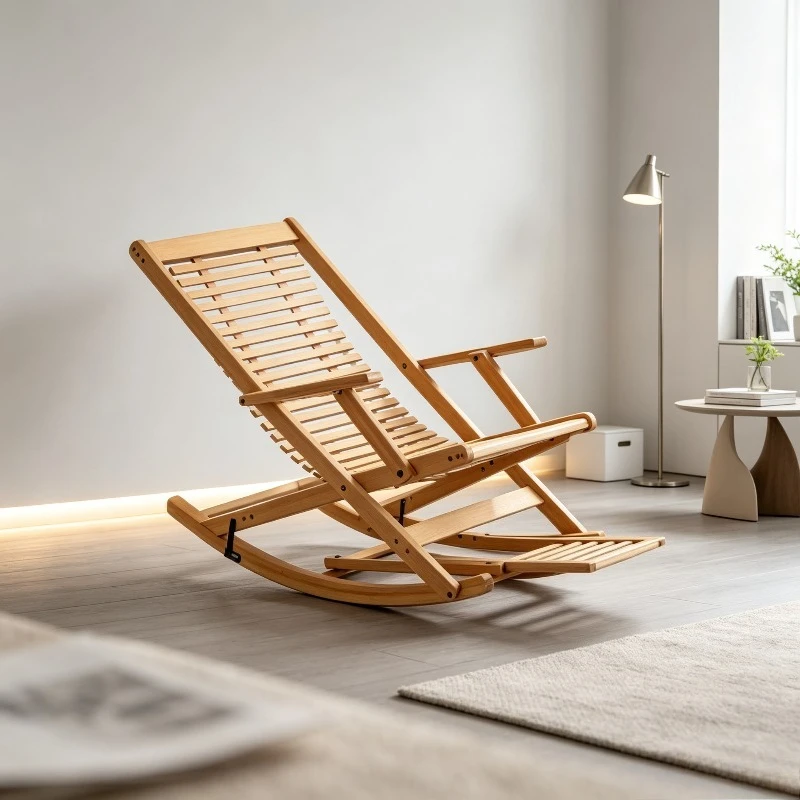 Foldable Bamboo Recliner Lounge, Rocking Sofa Bed for Balcony, Breathable Adult Relaxing Chair, Senior Comfort Rest Seat view 4