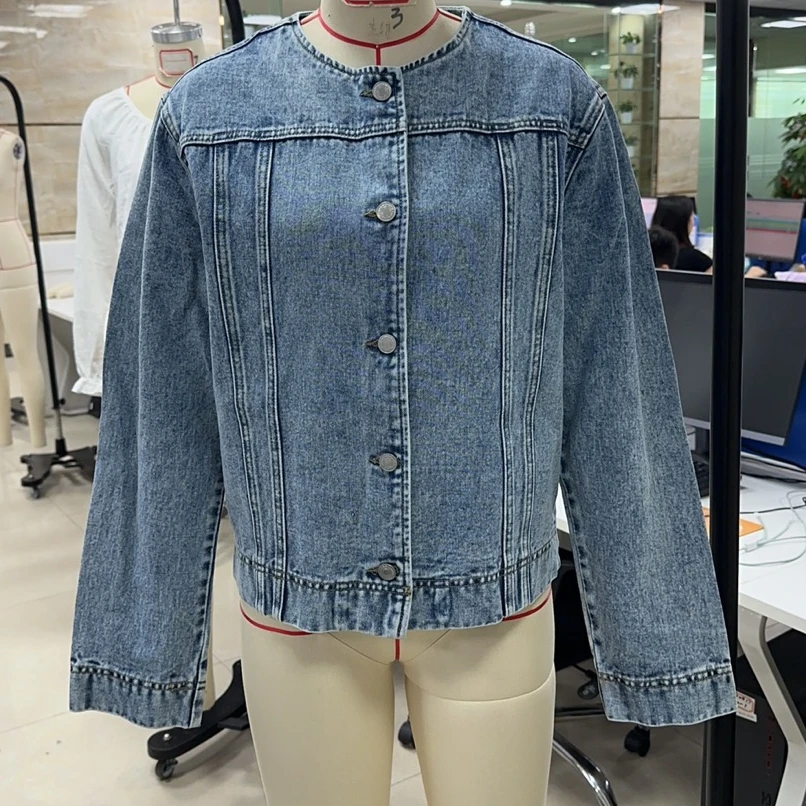 Quality Women Denim Jacket Long Sleeve Round Neck Solid Color Button Down Short Jacket Slim Fit Casual Outerwear