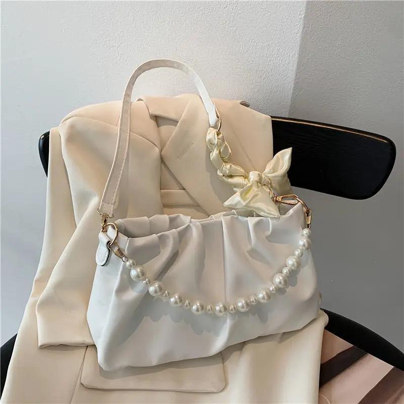 Fashion Pleated Crossbody Shoulder Bag Fashion Cloud PU Leather Small Handbags Purse Women Pearl Luxury Design Underarm Bags