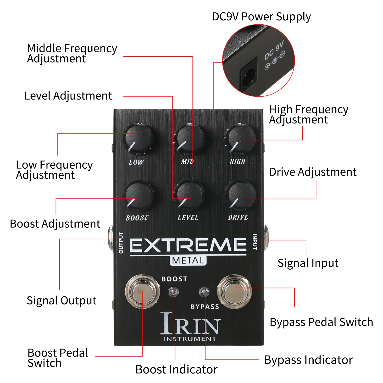 IRIN Distortion Guitar Effect Pedal Portable Guitar Effector with LOW/MID/HIGH Frequency Boost Level Drive Controls for Electric