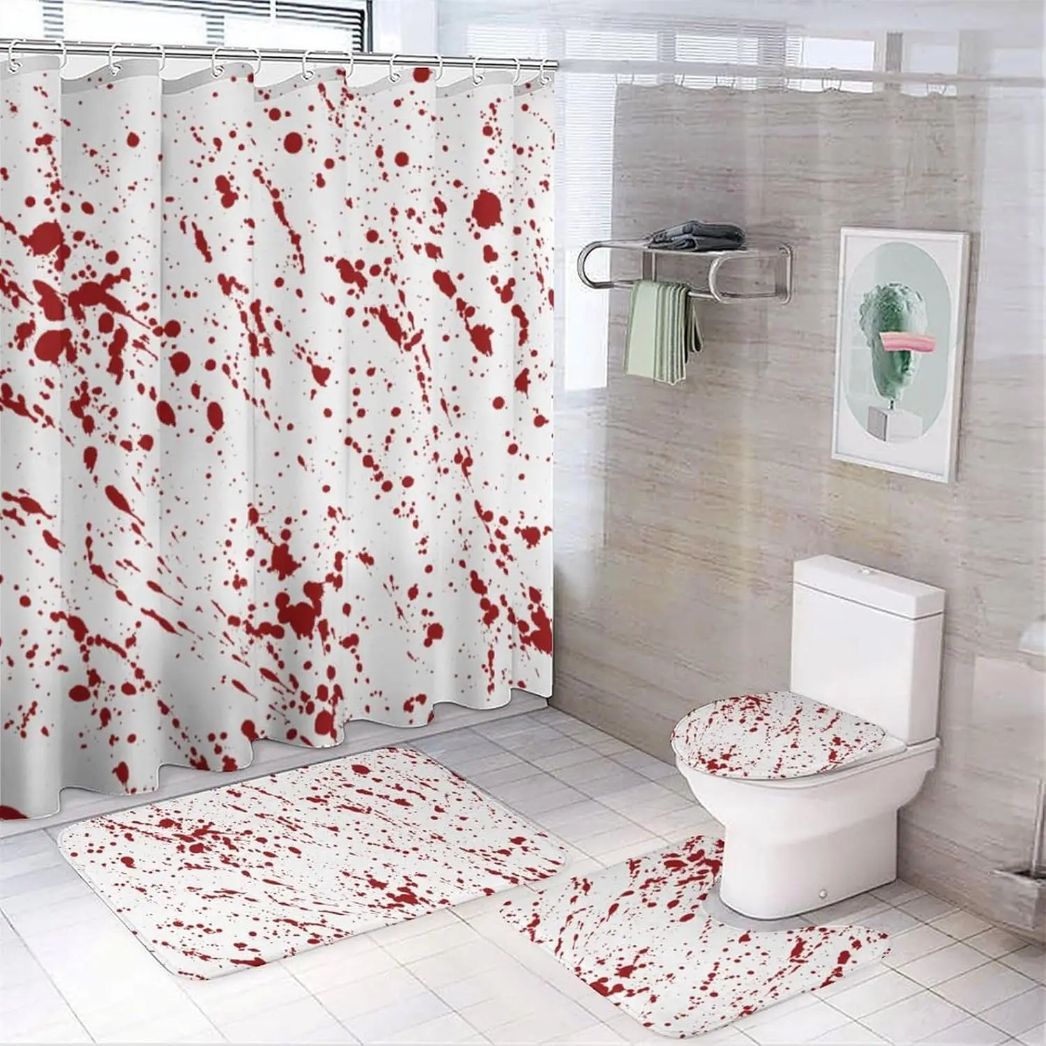 

Blood Soaked, Bloody Horror Fright Хэллоуин Набор для ванной комнаты из 4 предметов с коралловыми флисовыми ковриками, крышкой унитаза и водонепроницаемым Оксфордом
