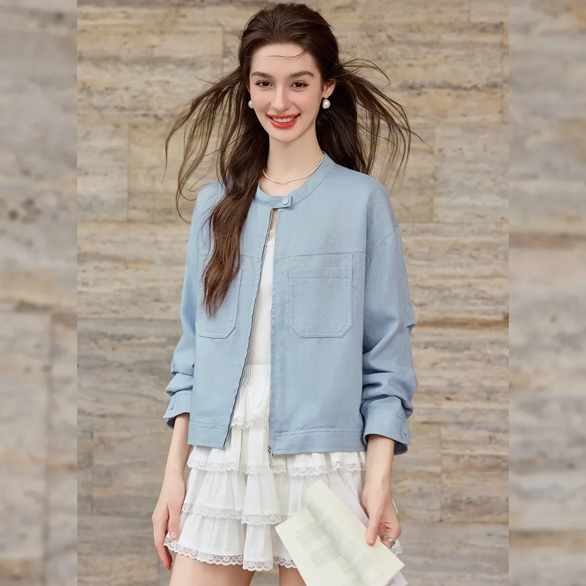 LOUIS YAO Light Blue Casual Jacket 2026 Autumn Lyocell Fabric Shoulder Down Cardigan Jacket Large Pocket decoration Women's Top