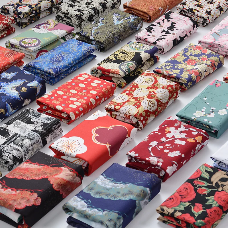 Japanese Style Fabric Printed Pure Cotton By The Meter for Kimono Cheongsam Doll Clothes Hanfu DIY Seiwng Cloth Bronzing Cat Red