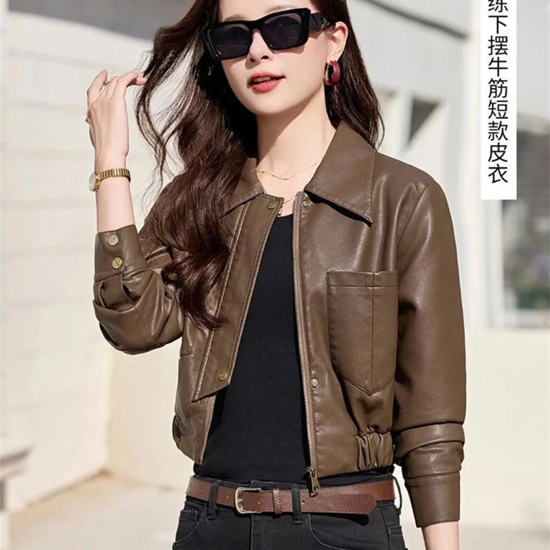 

Новая модная кожаная куртка для женщин Весна-Осень 2026: короткая мотоциклетная куртка из искусственной кожи (черная/кофейная), повседневная верхняя одежда