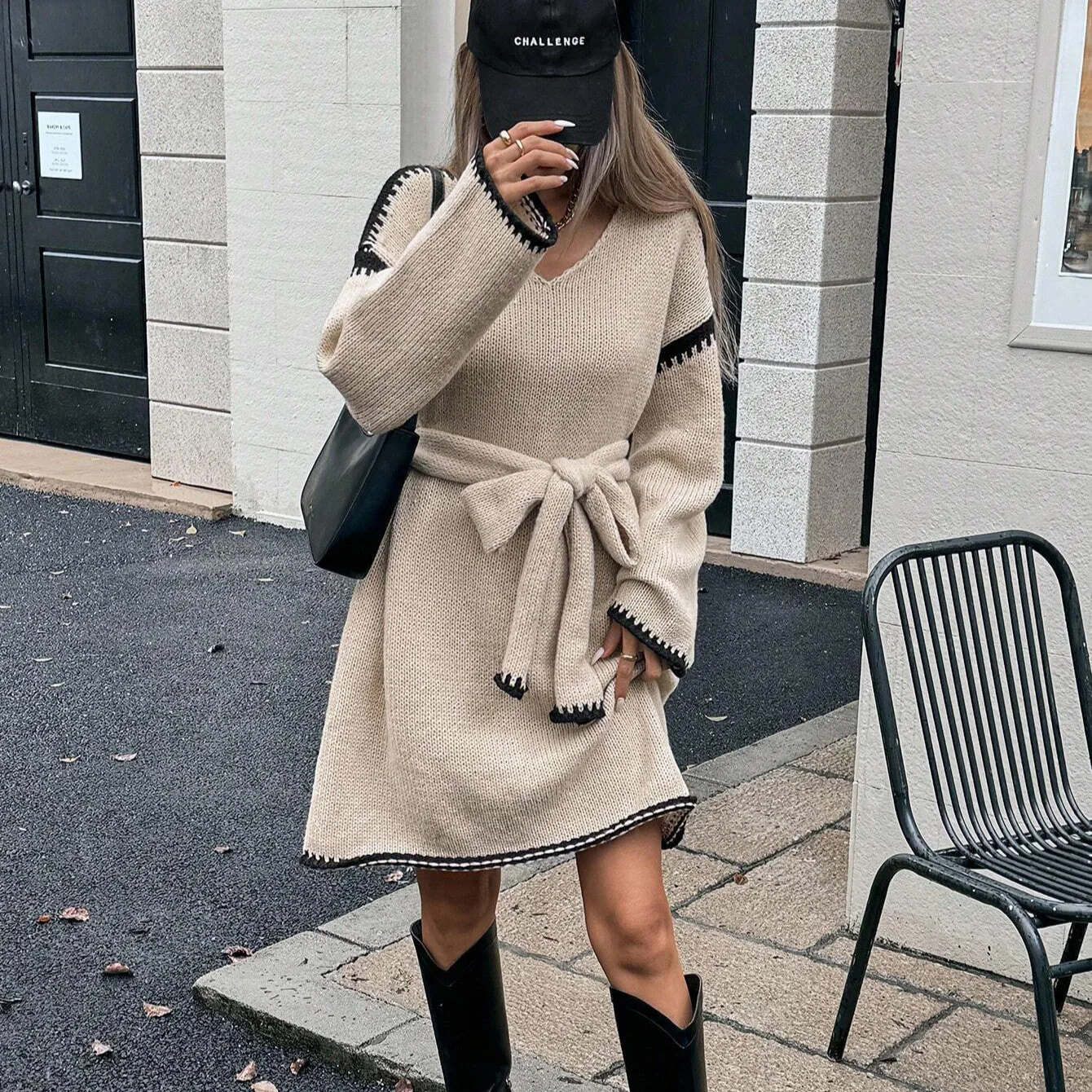 

European and American Fashion Waist Loose Knitted V-neck Long-sleeved Autumn Dress Women
