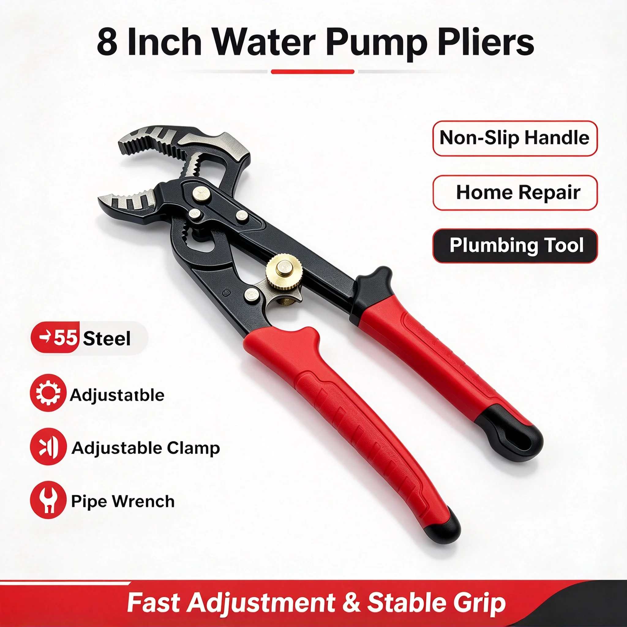 Adjustable Water Pump Pliers 8 Inch Quick One‑Hand Clamp Pipe Repair 2‑48MM Clamping Range for Home Industrial Maintenance
