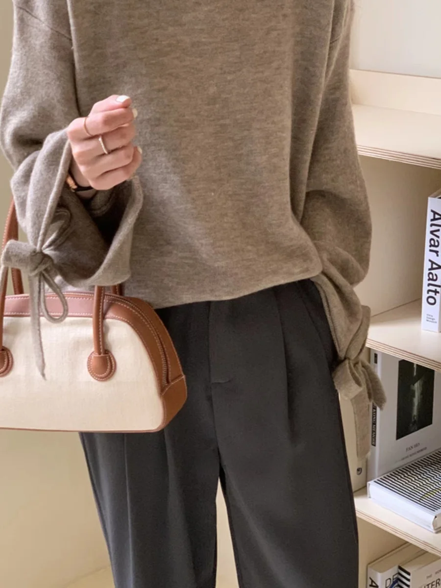 

Loose Fit Casual round Ne Sweater with Belt High-End Cusized Comfortable Breathable Women's Faion Spring Autumn