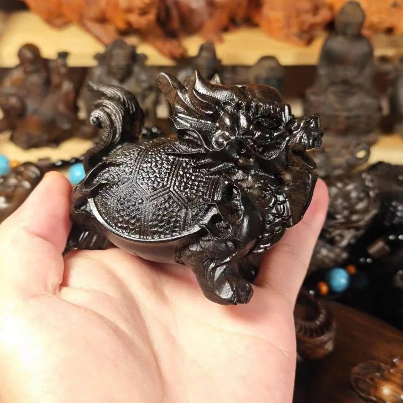 Hand-Carved Wood Dragon Turtle Xuanwu Statue - 3.5
