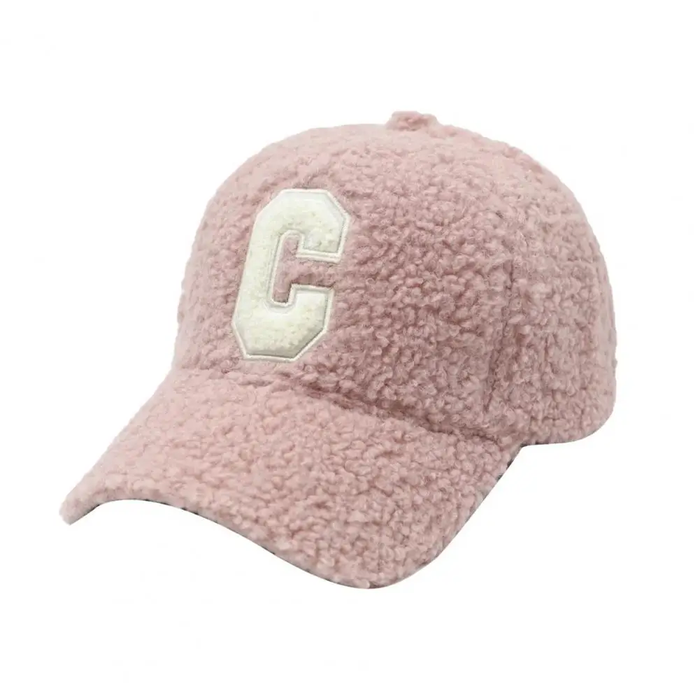 

Winter Imitation Lambswool Baseball Hat Women C letter Print Plush Hat Extended Brim Adjustable Outdoor Casual Hat