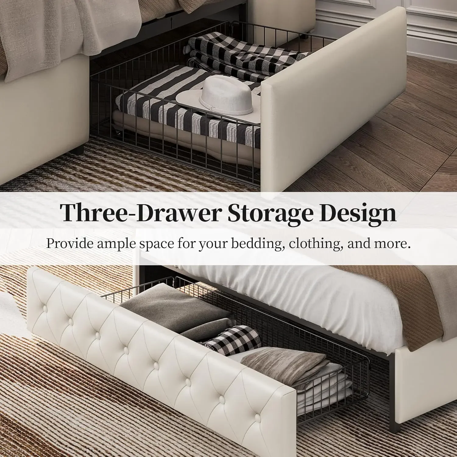 Queen bed frame with adjustable diamond button cluster headboard/3 drawer storage space, beige queen bed