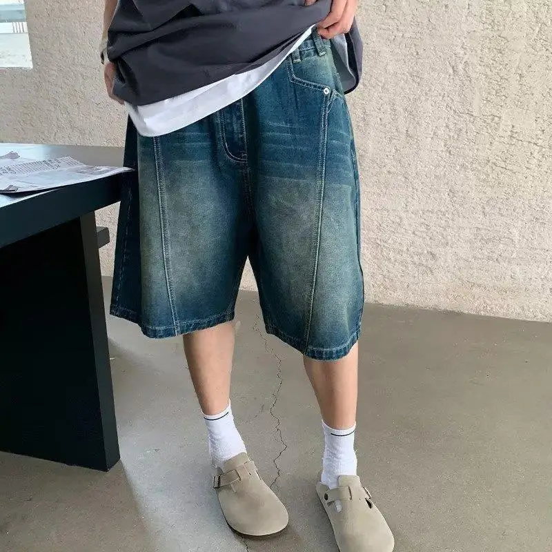 Summer and autumn American style Vibe retro washed vintage denim high street design loose straight cut five quarter shorts men