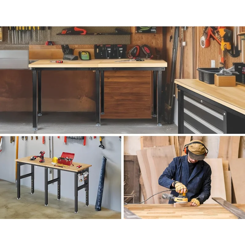 72” Adjustable Height Workbench, 5000 LBS Heavy Duty Table Rubber Wood Workstation with Power Outlet & Pegboard for Garage