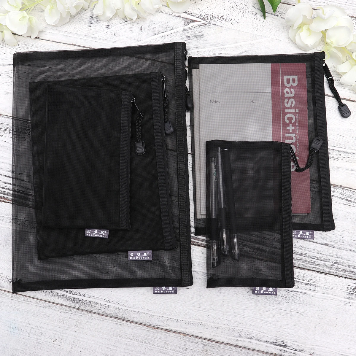 

5pcs Black Transparent Office Stationery Bag Mesh Zippered File Bag Portable Pencil Pouch for Office School Supplies