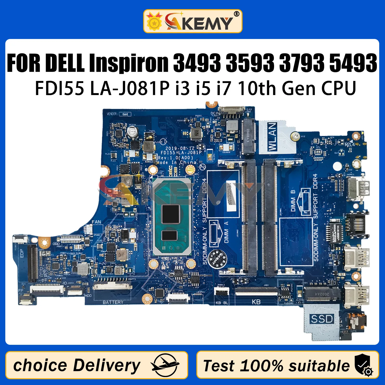 

AKEMY FDI55 LA-J081P For Dell 3493 3593 3793 5493 Laptop Motherboard with i3 i5 i7 CPU Mainboard CN-03DD3K 052X6W 004C38 0PYKXN