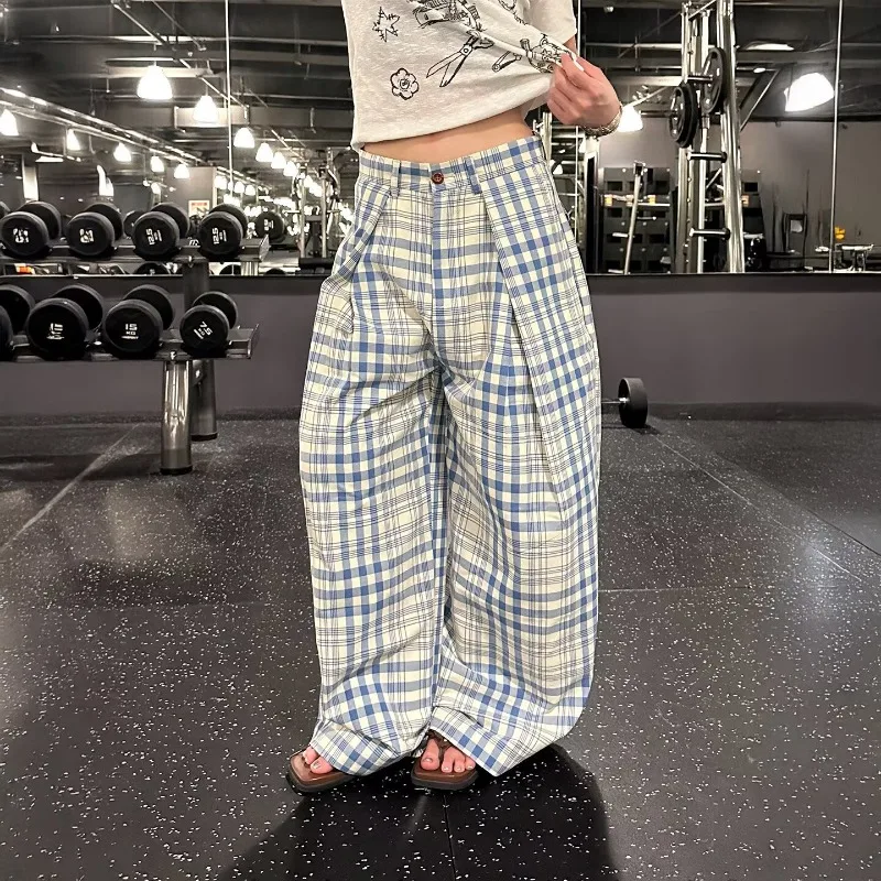 Women's Blue Checkered Pants Commuting Style Girl Bottoms Wide Leg Straight Casual Trousers Female Baggy High Waist Sweatpants