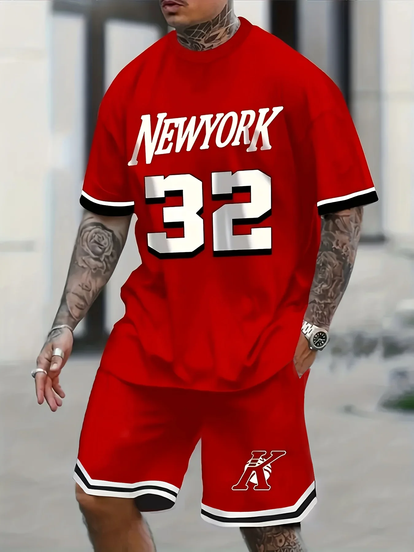 

Summer Men's Outfit New York Print Trendy Personalized T-Shirt Loose-Fit Outdoor Set Sports Short-Sleeve Shirt and Shorts Suit