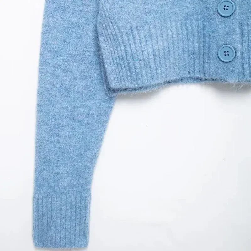 TRAF-Pull Court Bleu en Tricot Doux pour Femme, Cardigan à lèvent, Nouvelle Collection Automne 2024