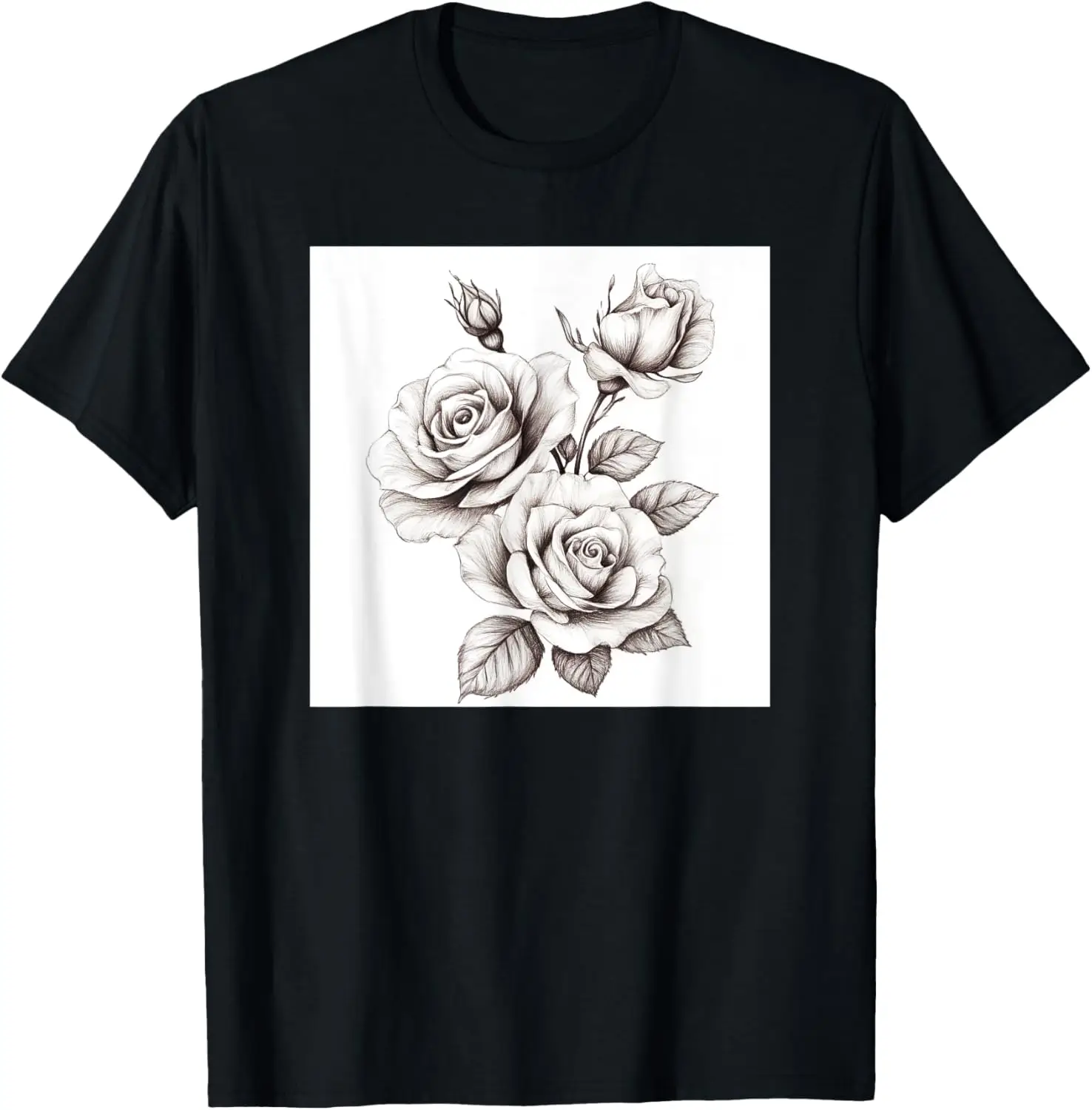 

Roses Rose Flower Floral Pattern Print Black White T-Shirt