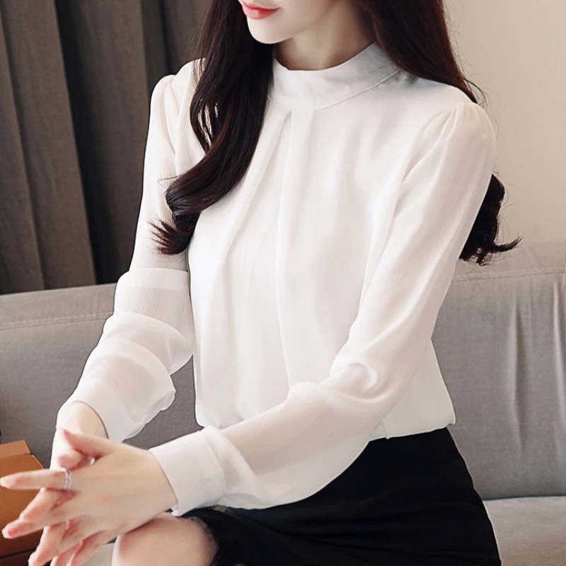 

2025 New Spring Autumn Chiffon White Women's Blouse Long Sleeve Stand Collar Elegant Workwear Office Lady Korean Shirts Female