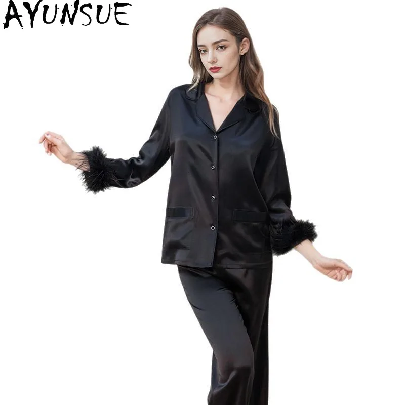 AYUNSUE 19Mm 100% Mulberry Silk Sleepwear Women 2026 Spring Clothes Pajama Set Long Sleeve Top Casual Pants Sets Down Splicing