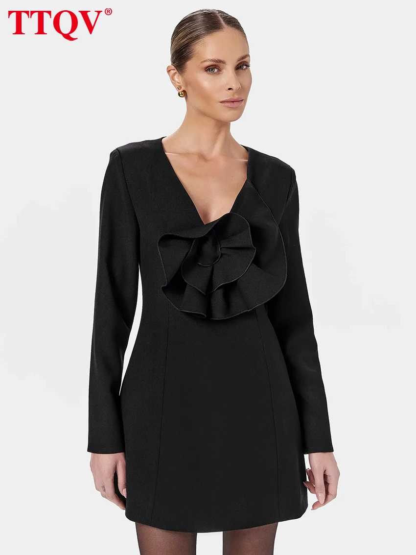 

TTQV Fashion Slim Black Women's Dress 2026 Sexy V-Neck Long Sleeve Mini Dresses Elegant Classic Solid Female Dress Streetwearv