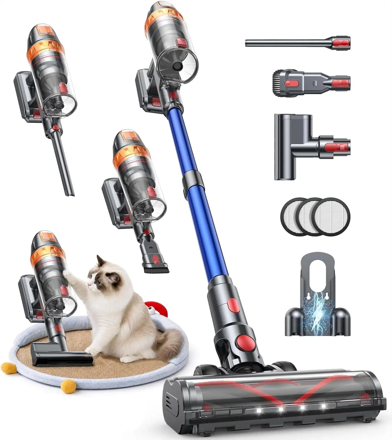 Cordless Vacuum Cleaner, 650W 55KPA 70Min(Eco) with Extra Mattress Cleaning Tool, Stick Vacuum Cleaners for Home, Wall Mount Cha