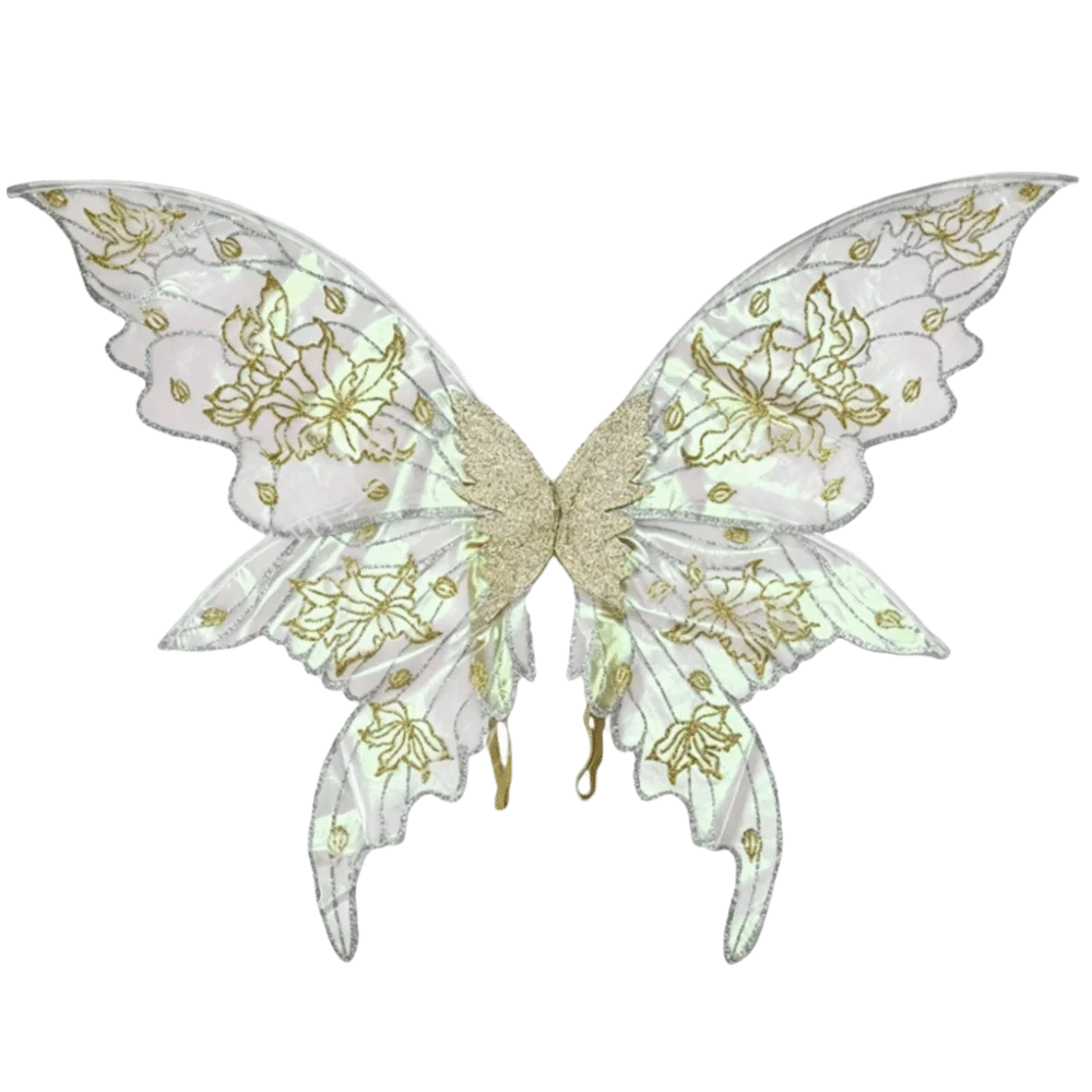 Golden-Stamped Glitter Butterfly Wings Gradient Floral Print Iridescent Sheer Mesh Fairy Elf Wings Adjustable Lightweight