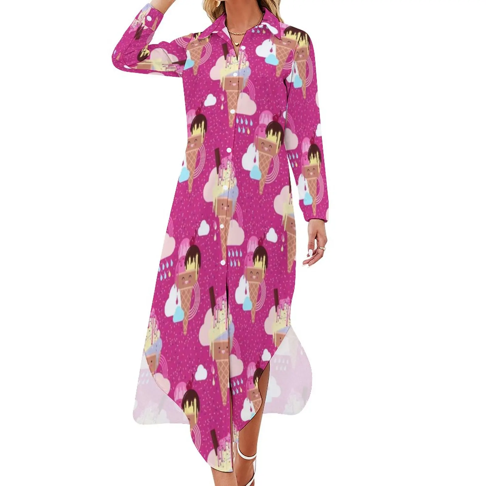 Ice Cream Pattern Casual Dress Sweet Lolly Print Stylish Dresses Long Sleeve Elegant Women V Neck Pattern Big Size Chiffon Dress