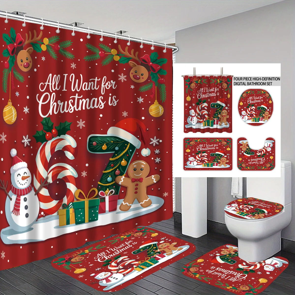 

4 шт., рождественский 67-элементный набор для ванной комнаты с принтом, 180x180 водонепроницаемая занавеска для душа, напольный коврик, подушка для сиденья унитаза, U-образная накладка