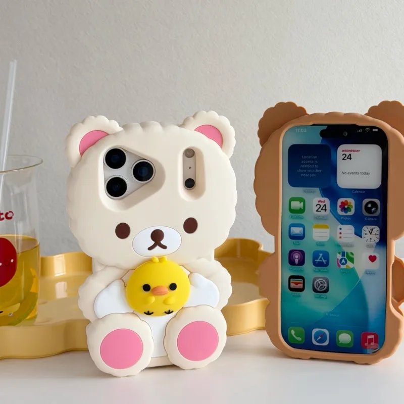 Silikonowe etui na telefon 3D Rilakkuma Bear Hugging Duck, miękkie, odporne na wstrząsy, urocze etui z kreskówkowym motywem dla iPhone 17 17Pro 16 15 14 13 Pro Max — zdjęcie produktu 5