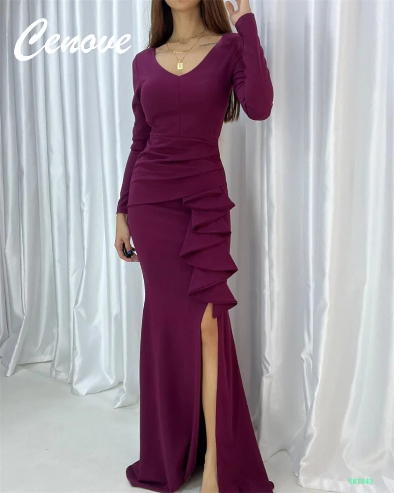 

Cenove V Neckline Prom Dress Split Ruffle Tight Floor-Length With Long Sleeves Evening Summer Party Dress For Women2023