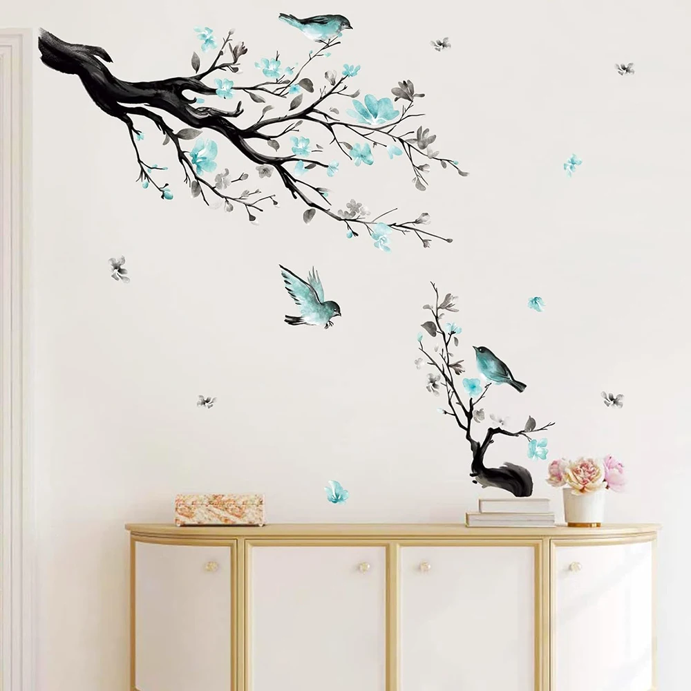 Watercolor Flower Tree Branch Wall Sticker Bedroom Playroom Blossom Bird Forest Wall Decal Living Room Sofa TV Background Decor