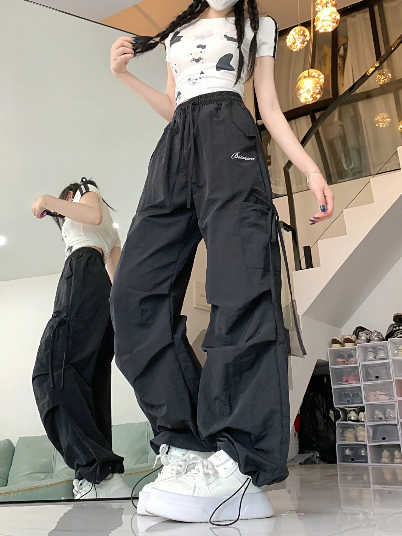 여성용 아메리칸 스타일 캐주얼 조거 팬츠, 새로운 봄, 가을 하이웨이스트 블랙 스트레이트 레그 얇은 캐주얼 루즈 레이지 다용도 와이드 레그 팬츠