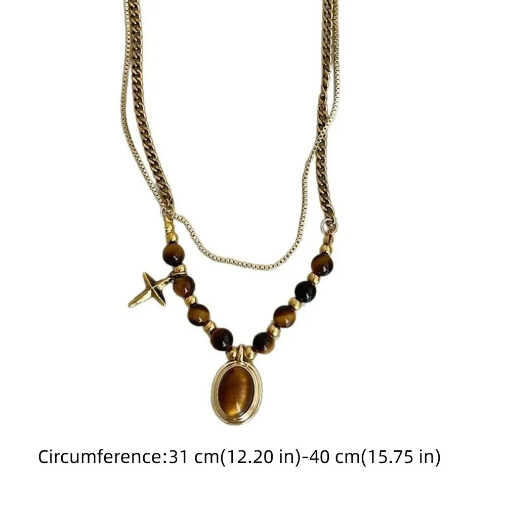 New Brown Stone Pendant Necklace Gothic Stacking Clavicle Chain Beads Double-Layer Sweater Chain Jewelry