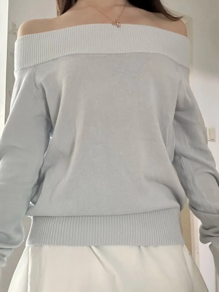 

Серый, синий тонкий вязаный свитер с разрезом на шее, женский повседневный хлопковый свитер в консервативном стиле с длинными рукавами, милые простые джемперы Y2K