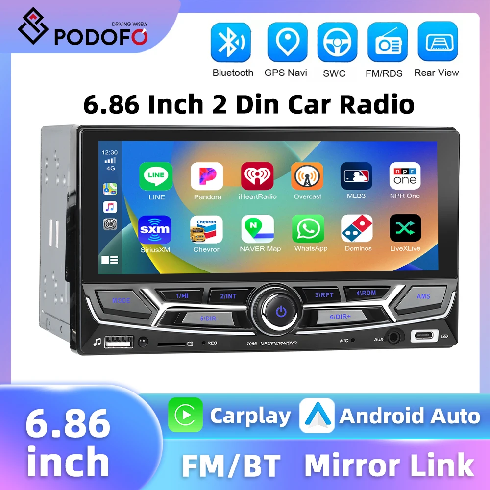 Podofo 2Din MP5 Player 6.86'' Car Audio Wireless Carplay Android Auto Bluetooth Mirror Link USB &TYPE-C Port Autoradio FM Radio