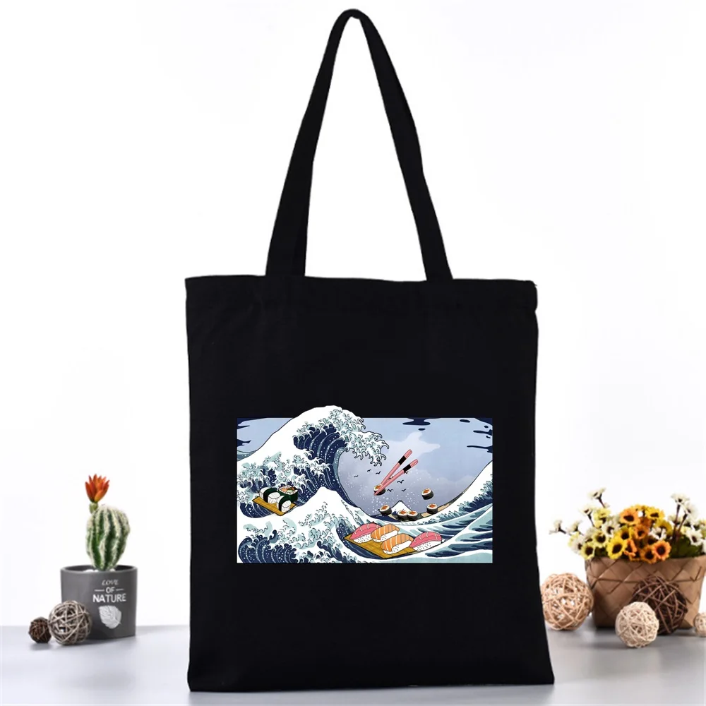 Women Canvas Shoulder Bag Reusable Shopping Bags Ladies Wave Printing Handbags Casual Tote Grocery Storage Bag for Girls