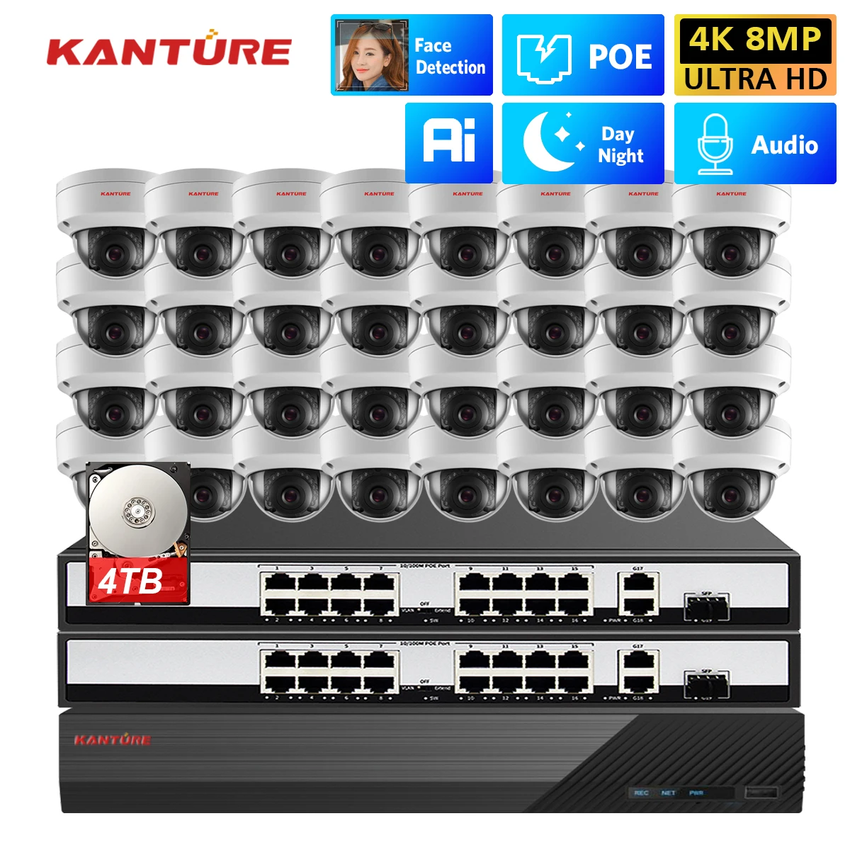 

XMEYE 32CH 4K NVR CCTV POE Security Camera System 8MP Ai Face Detect Audio Record Vandalproof Dome Camera Video Surveillance Set