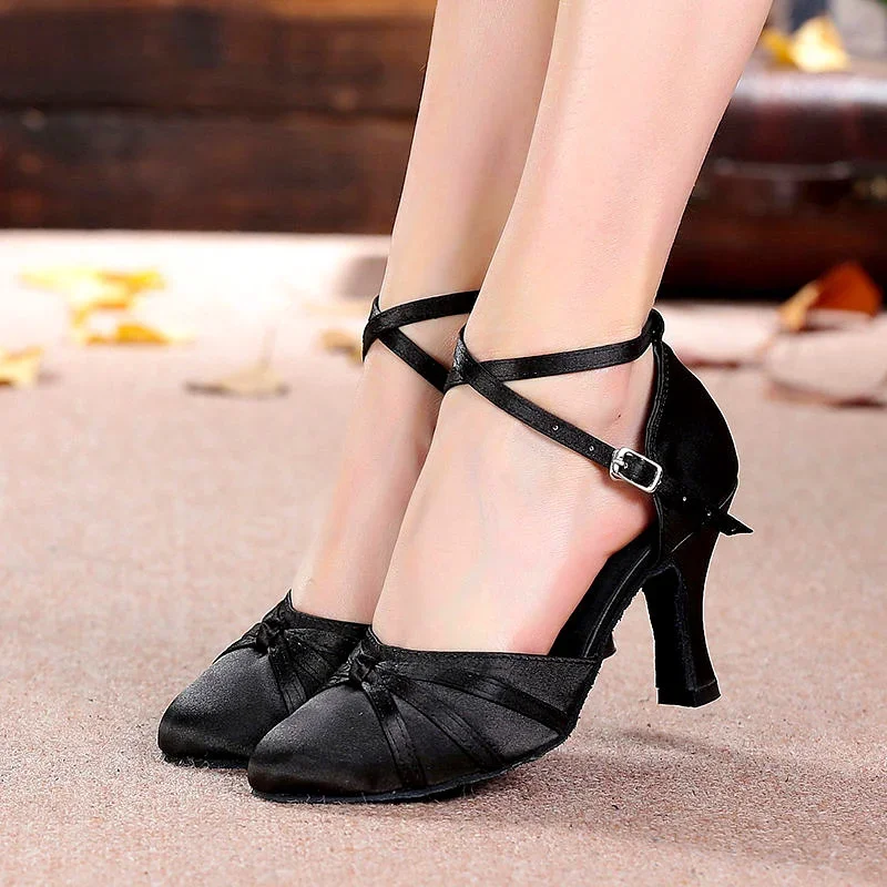 Silk Satin Latin Dance Shoes Tango Salsa Ballroom Dancing Shoes For Women Indoor Professional High Heels Dance Sneakers 5.5/7cm