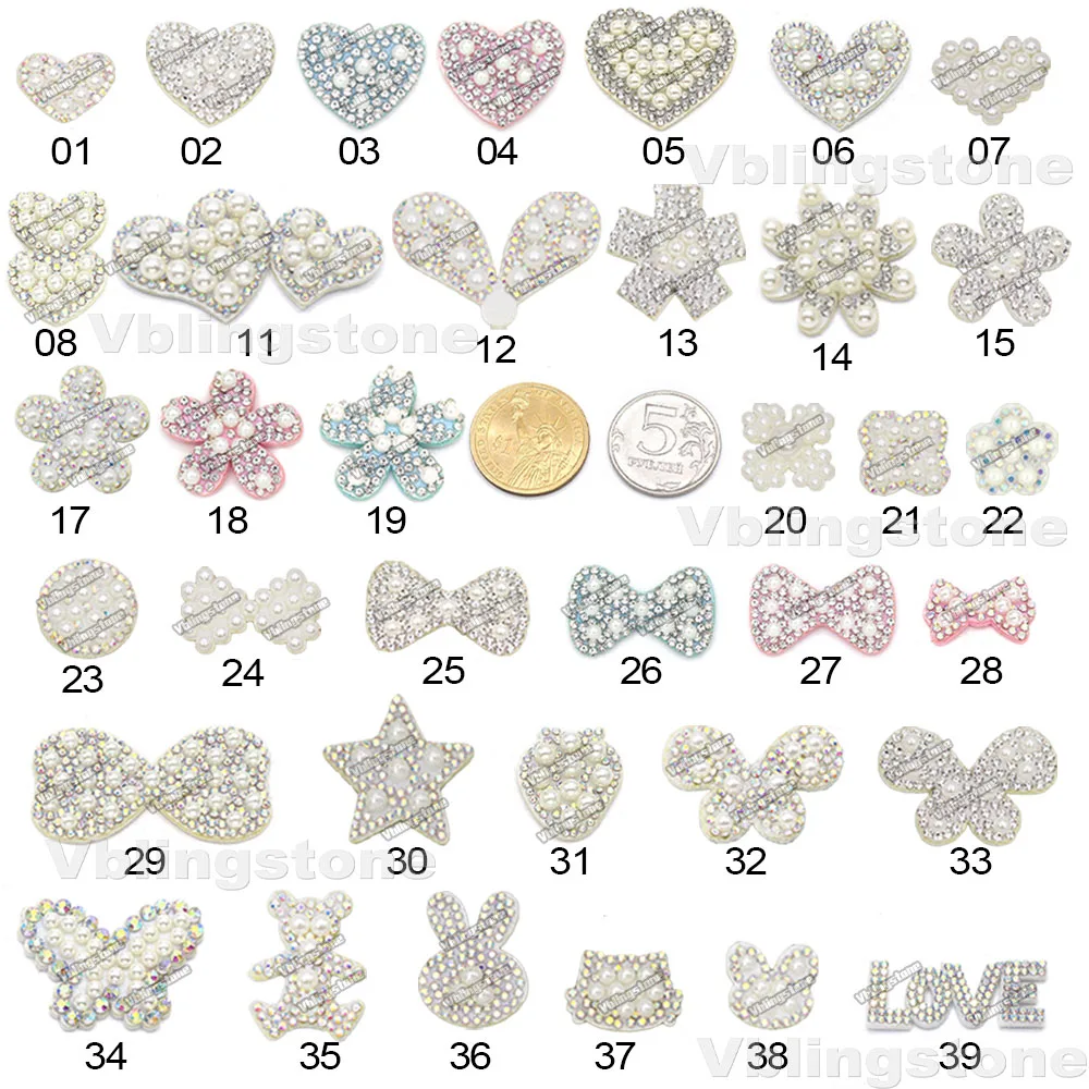 20Pcs Mix Pearl Patches AB Rhinestone Applique Heart Butterfly Flower Beaded Patches For Clothes DIY Hair Clip Card Scrapbooking