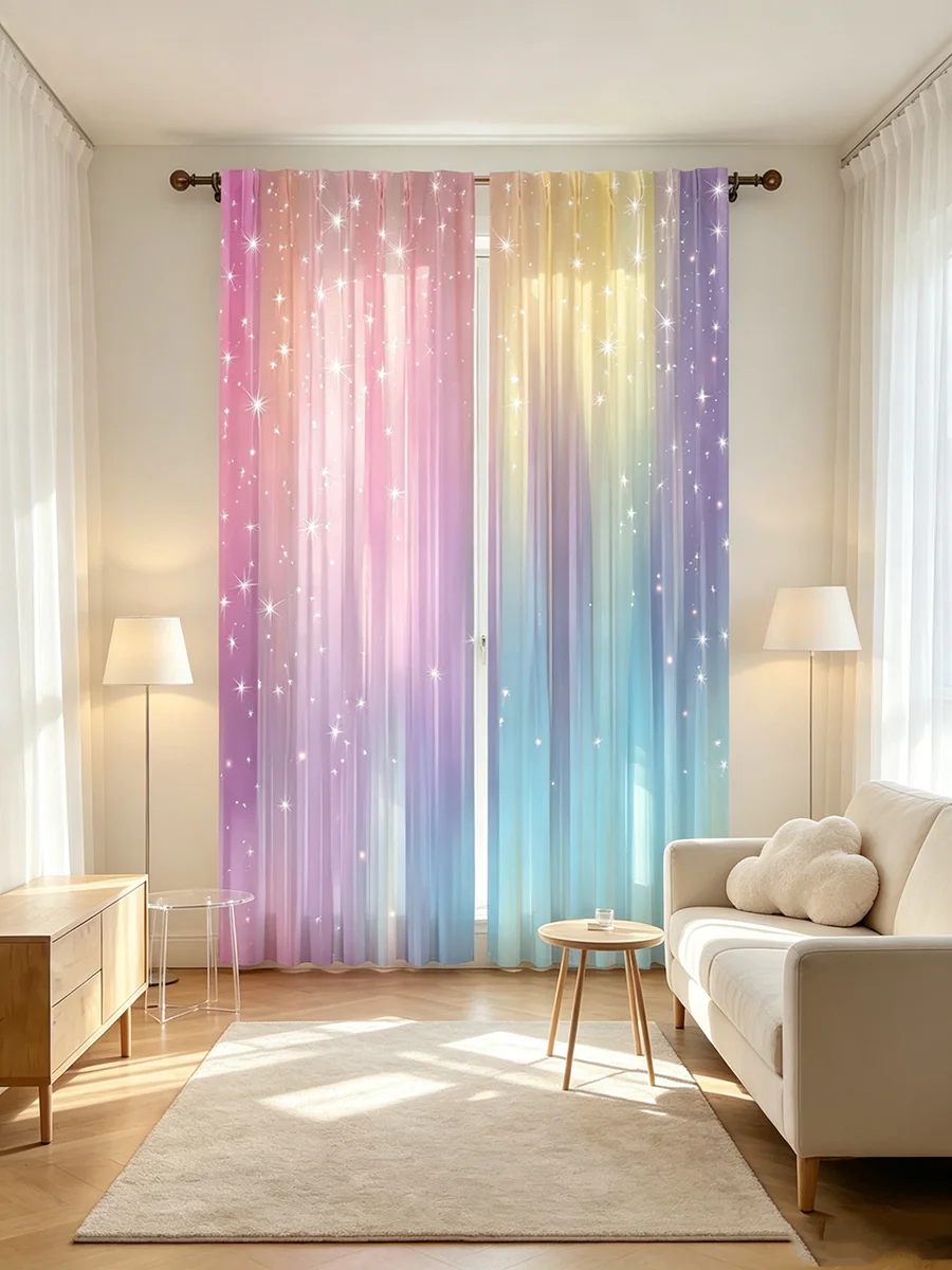 2PCS Gradient Rainbow Star Print Curtains, Cute Window Drapes for Bedroom Kids Room Home Decor