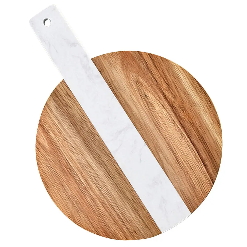 Nordic Style Marble and Wood Cutting Board Round Serving Board with Handle for Steak Cheese Bread Fruits Vegetables Kitchen Use