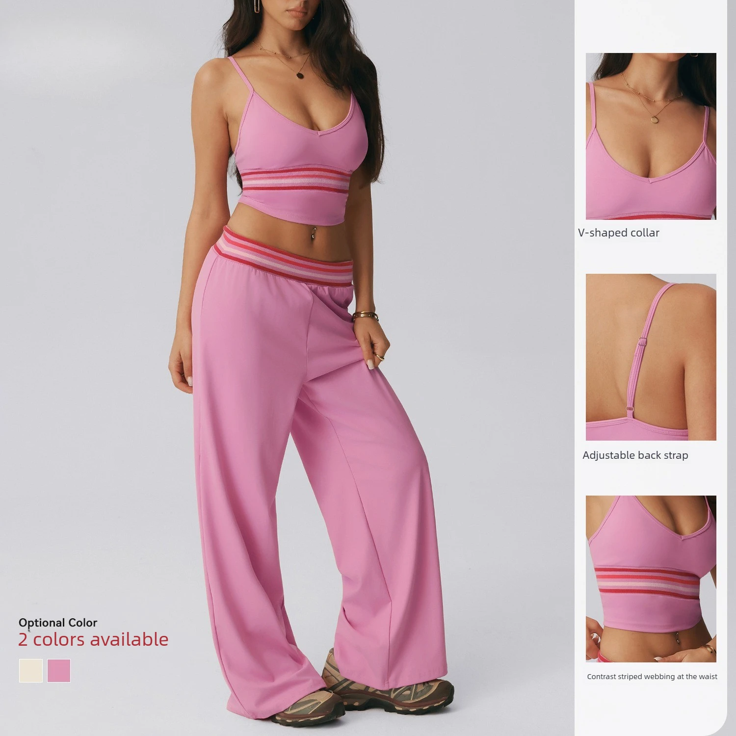 Women 2Pcs Pilates Yoga Set V Neck Cami Tank Top Striped Waist Wide Leg Pants Casual Daily Wear Outside Workout Clothes Gym Set