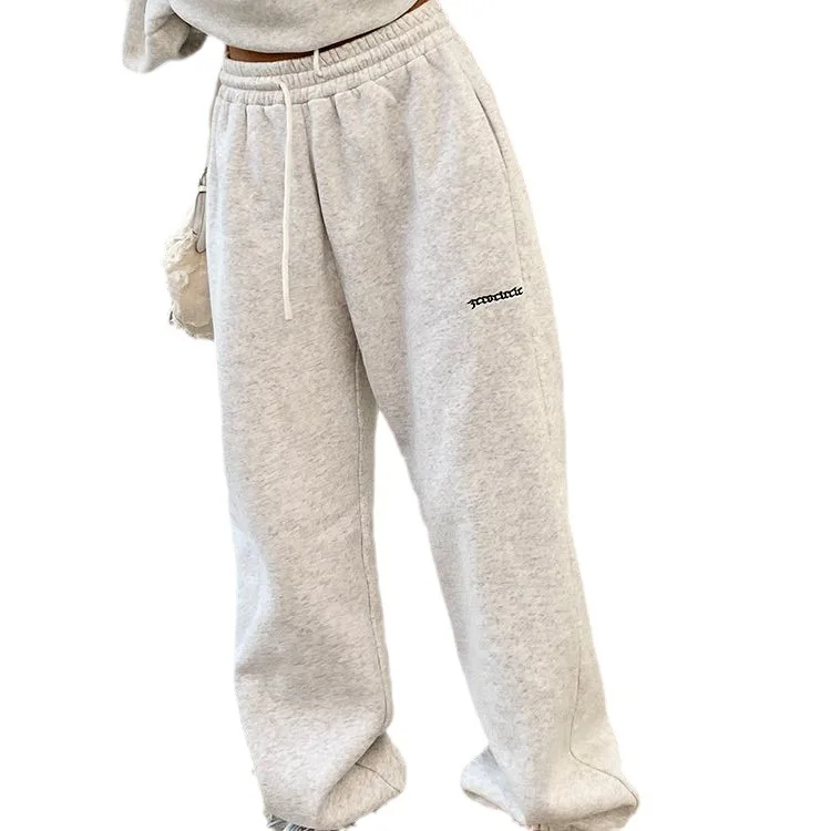 ชุดวอร์มผู้หญิงสีเทา ปี 2025 สไตล์อเมริกันวินเทจ ชุดเซ็ตสองชิ้น เสื้อคอกลม กางเกงลำลอง